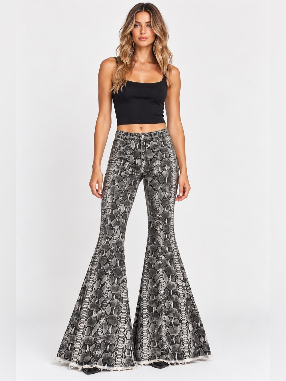 Free People We The Free Just Float On Snake Print Extreme Flare Jeans 25